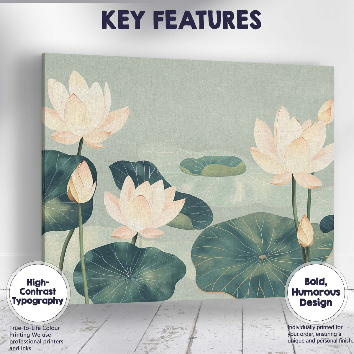 Serene Sage Green Lotus Garden Oriental Botanical Artwork Canvas Wall Art Print Decor Picture Ready to Hang
