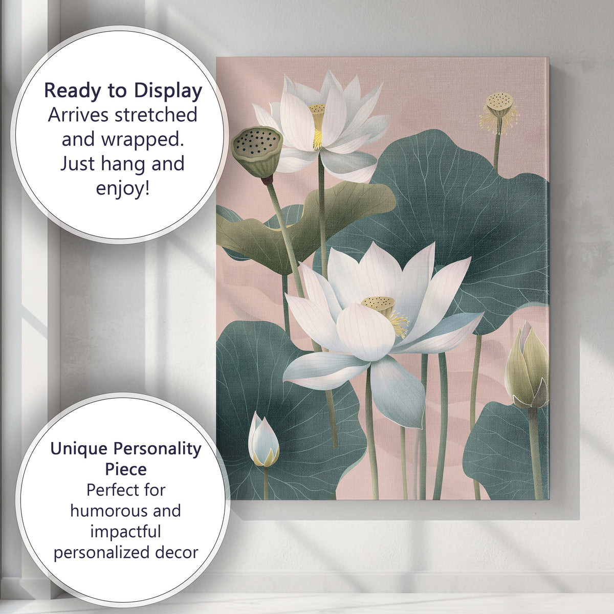 Soft Blush White Lotus Bloom Botanical Nature Art Canvas Wall Art Print Decor Picture Ready to Hang
