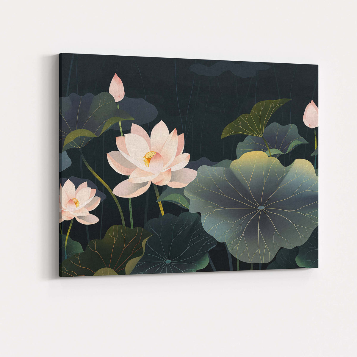 Midnight Lotus Pond Floral Botanical Landscape Artwork Canvas Wall Art Print Decor Picture Ready to Hang