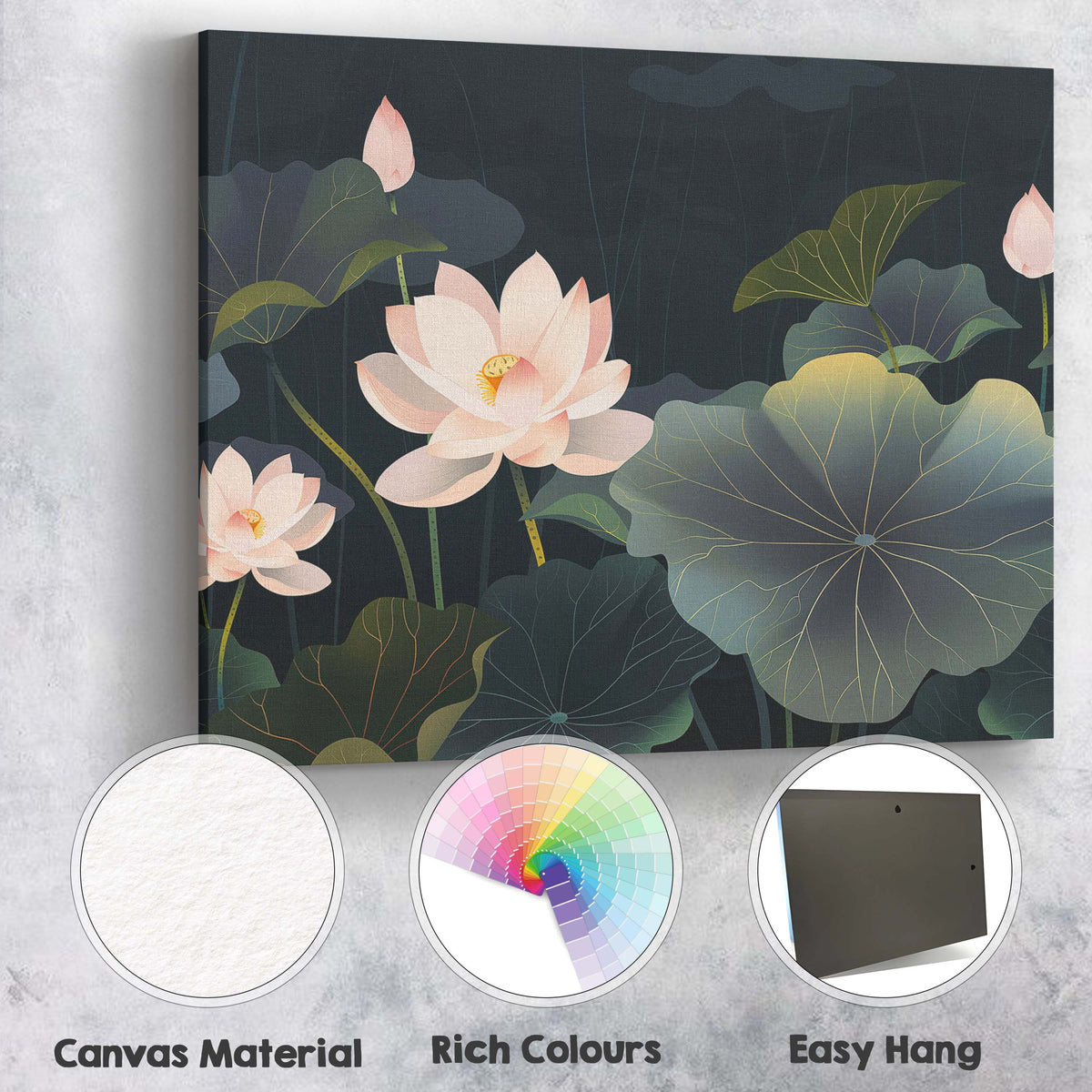Midnight Lotus Pond Floral Botanical Landscape Artwork Canvas Wall Art Print Decor Picture Ready to Hang