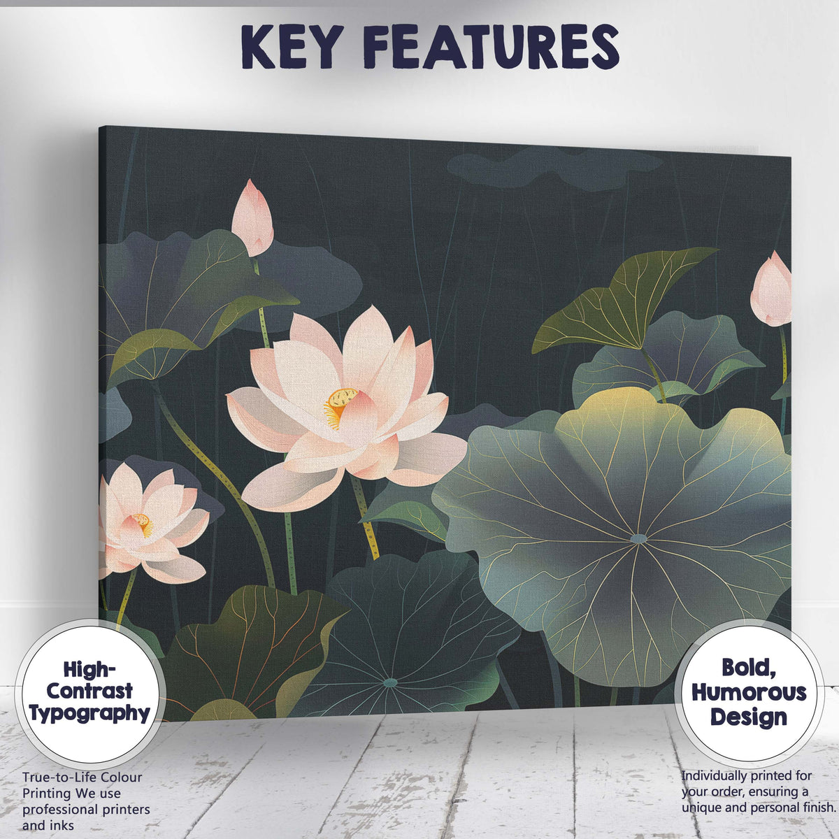 Midnight Lotus Pond Floral Botanical Landscape Artwork Canvas Wall Art Print Decor Picture Ready to Hang