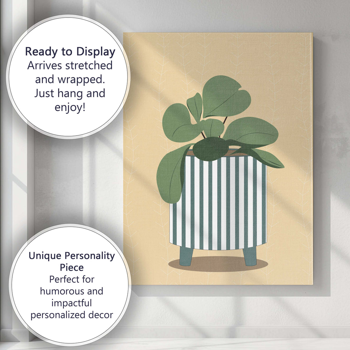 Minimalist Green Houseplant In Striped Planter Scandinavian Botanical Canvas Wall Art Print Decor Picture Ready to Hang