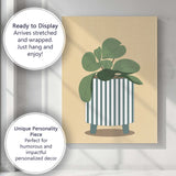 Minimalist Green Houseplant In Striped Planter Scandinavian Botanical Canvas Wall Art Print Decor Picture Ready to Hang