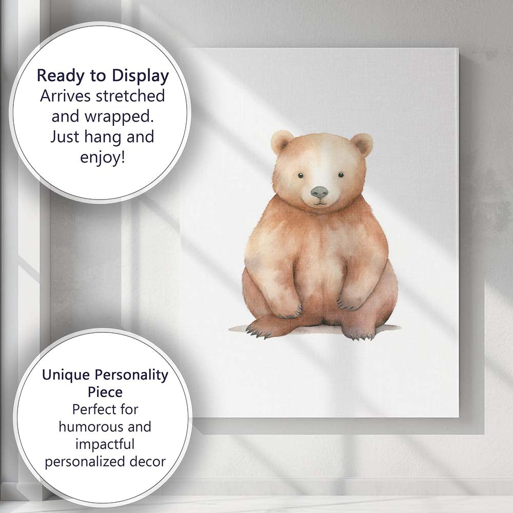 Cute Watercolour Brown Bear Nursery Animal Illustration Canvas Wall Art Print Decor Picture Ready to Hang