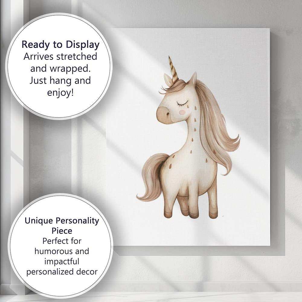 Cute Beige Unicorn Nursery Watercolour Fantasy Illustration Canvas Wall Art Print Decor Picture Ready to Hang