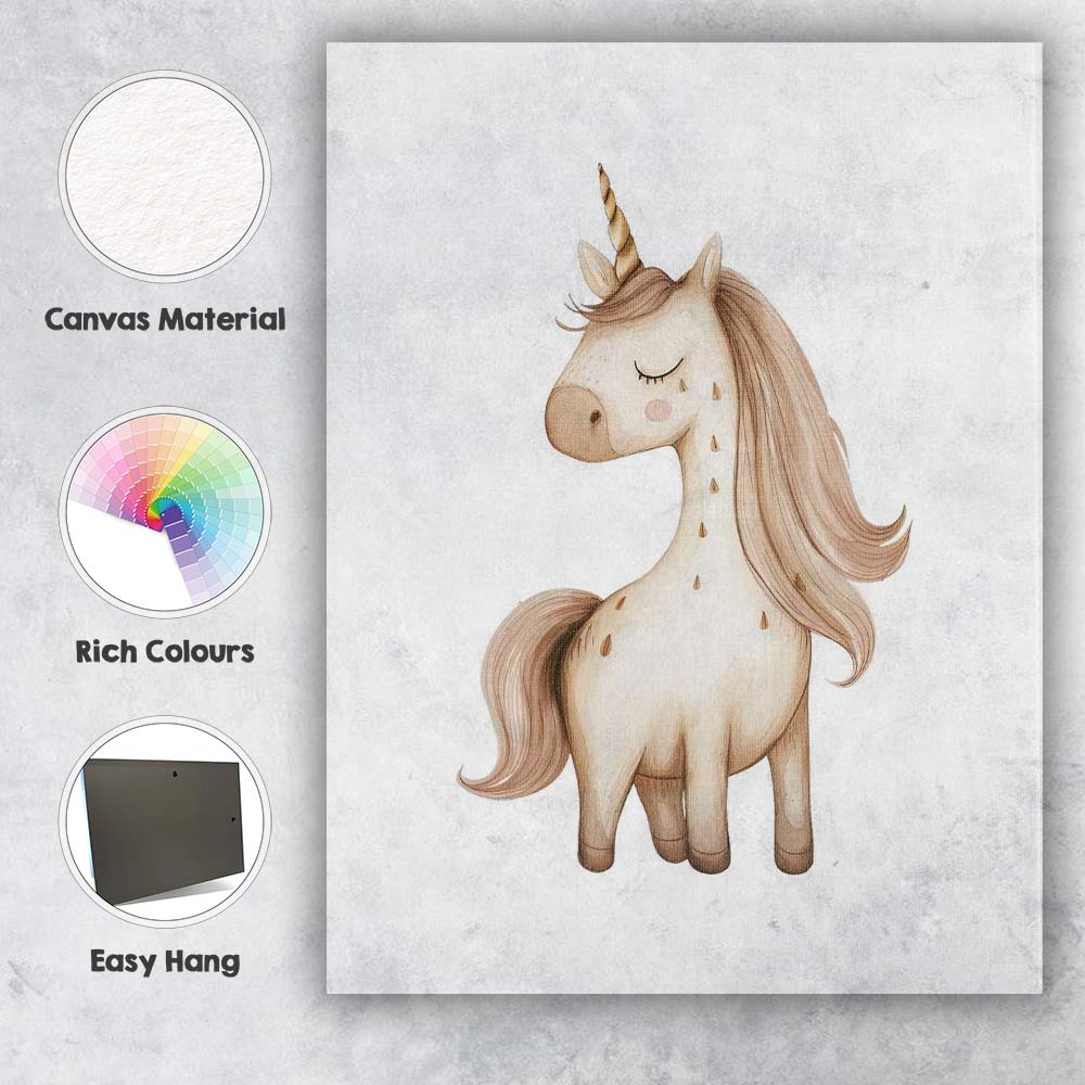 Cute Beige Unicorn Nursery Watercolour Fantasy Illustration Canvas Wall Art Print Decor Picture Ready to Hang