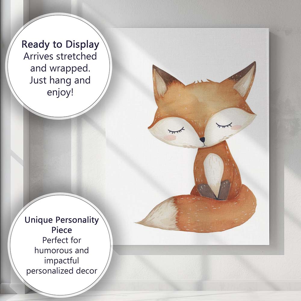 Cute Sleeping Woodland Fox Watercolour Nursery Animal Illustration Canvas Wall Art Print Decor Picture Ready to Hang