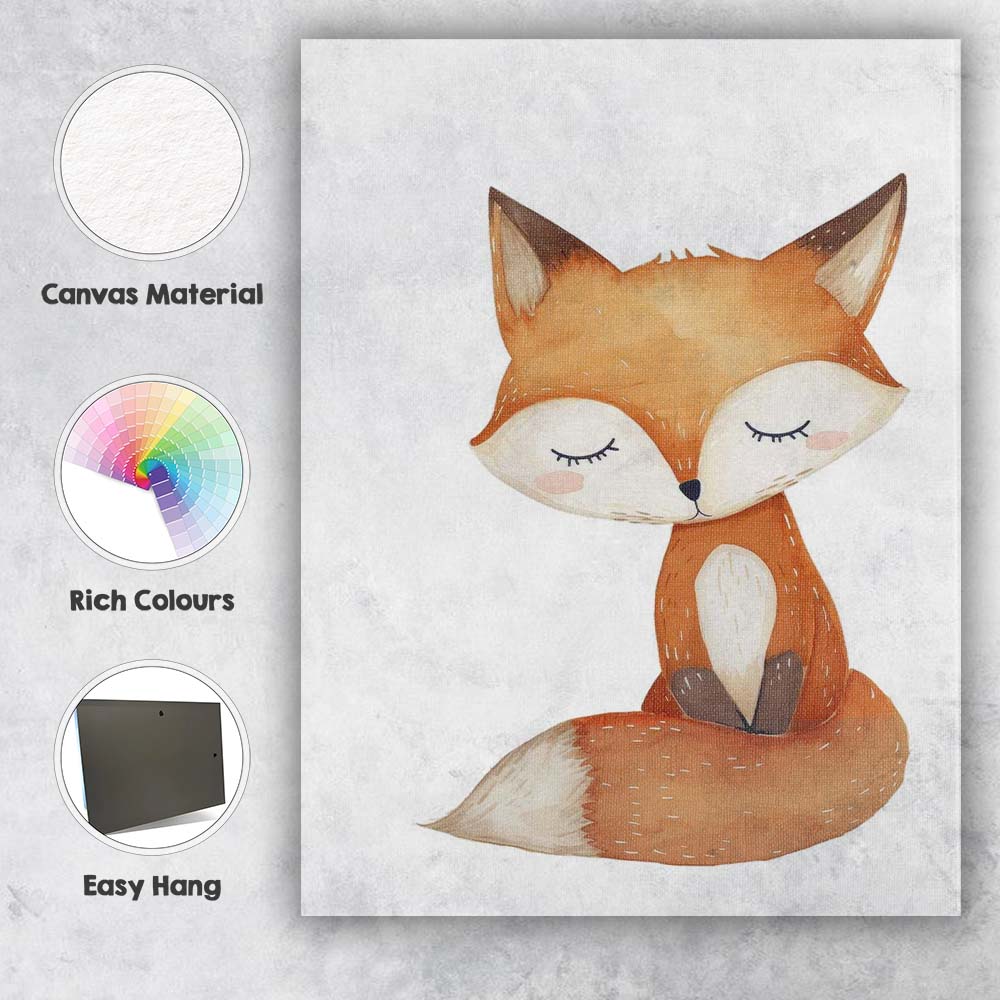 Cute Sleeping Woodland Fox Watercolour Nursery Animal Illustration Canvas Wall Art Print Decor Picture Ready to Hang