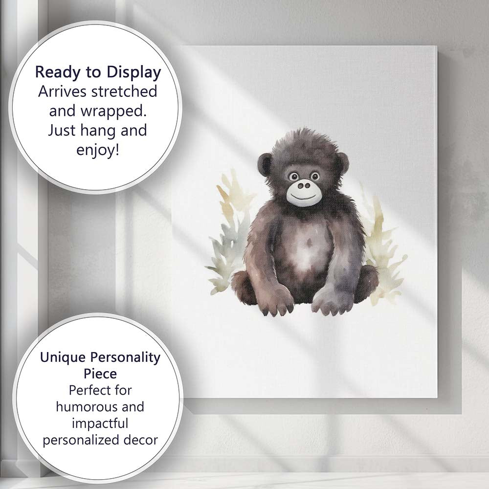 Cute Baby Gorilla Watercolour Jungle Animal Illustration Canvas Wall Art Print Decor Picture Ready to Hang