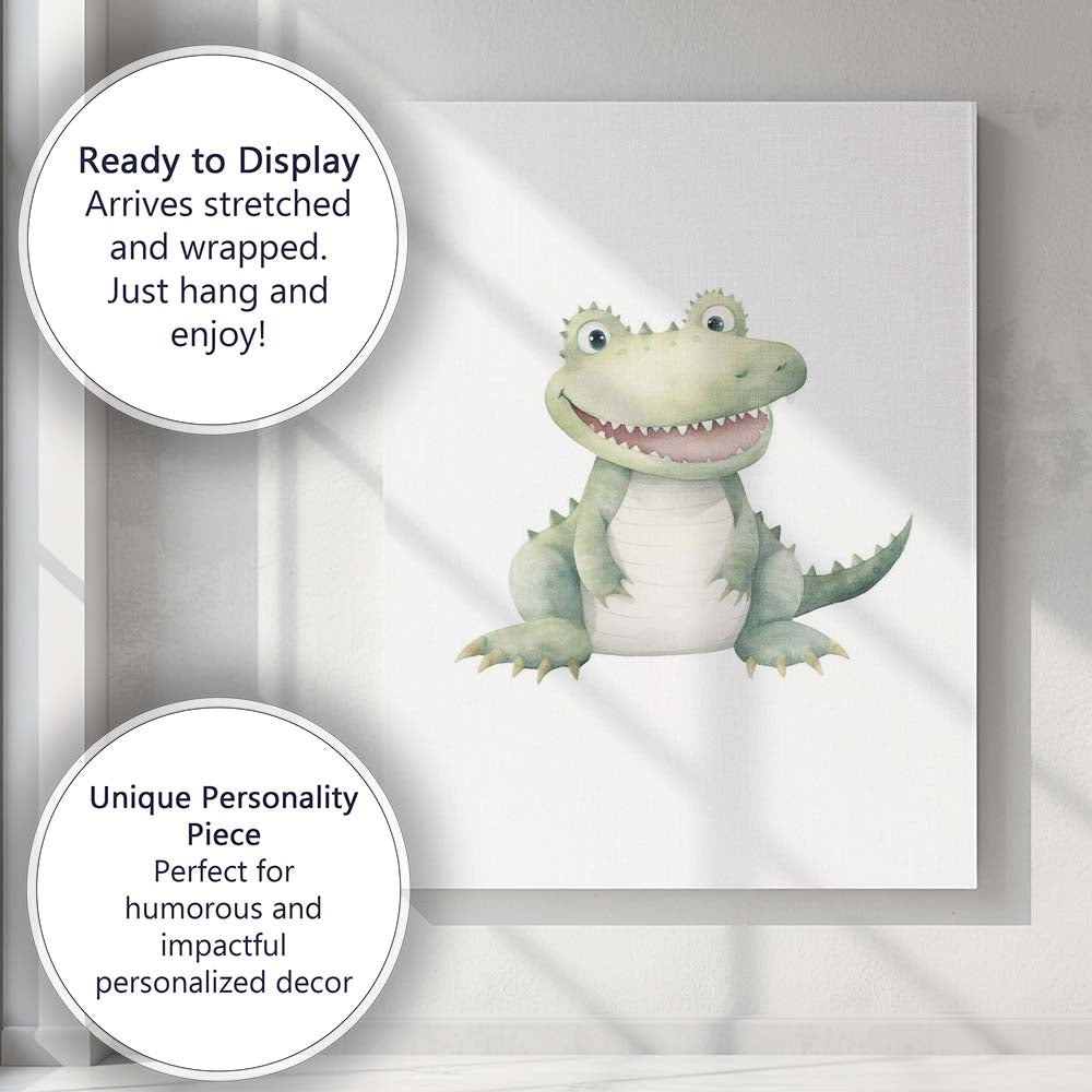 Cute Smiling Baby Crocodile Watercolour Nursery Animal Illustration Canvas Wall Art Print Decor Picture Ready to Hang