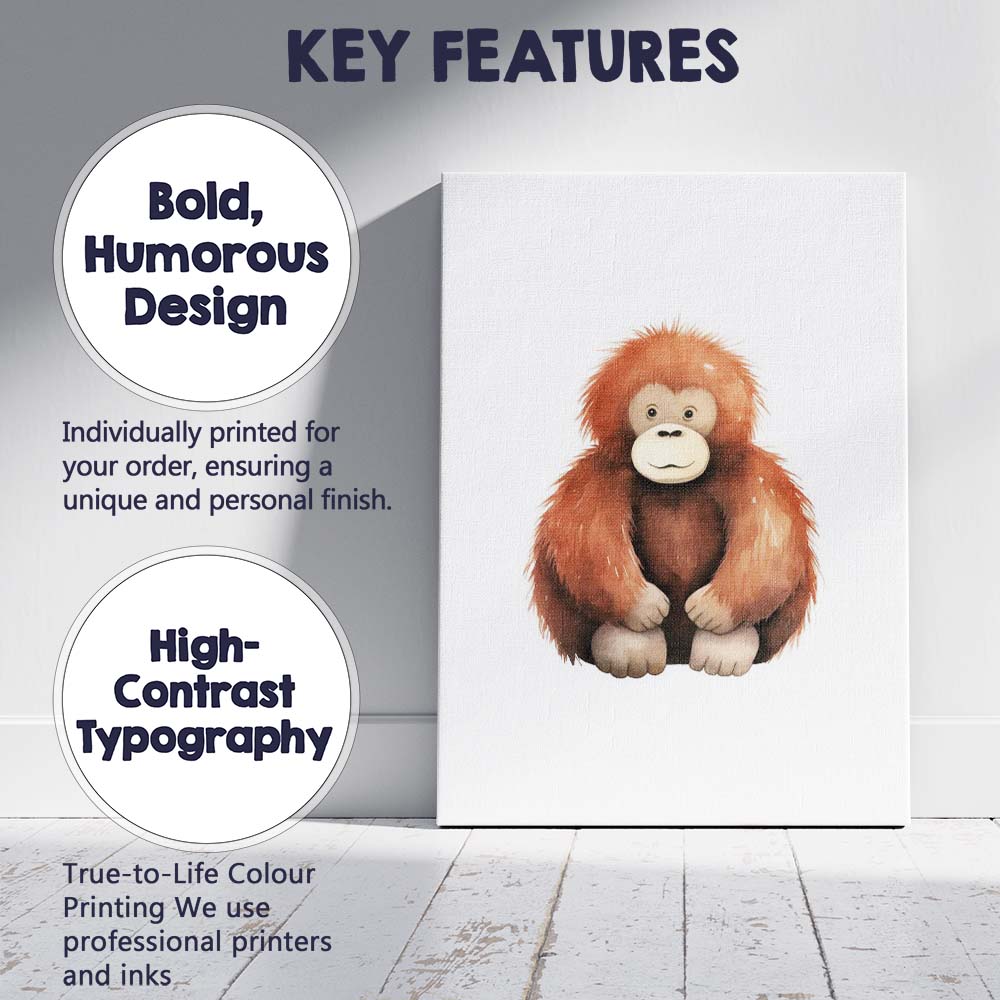 Cute Baby Orangutan Watercolour Jungle Animal Illustration Canvas Wall Art Print Decor Picture Ready to Hang