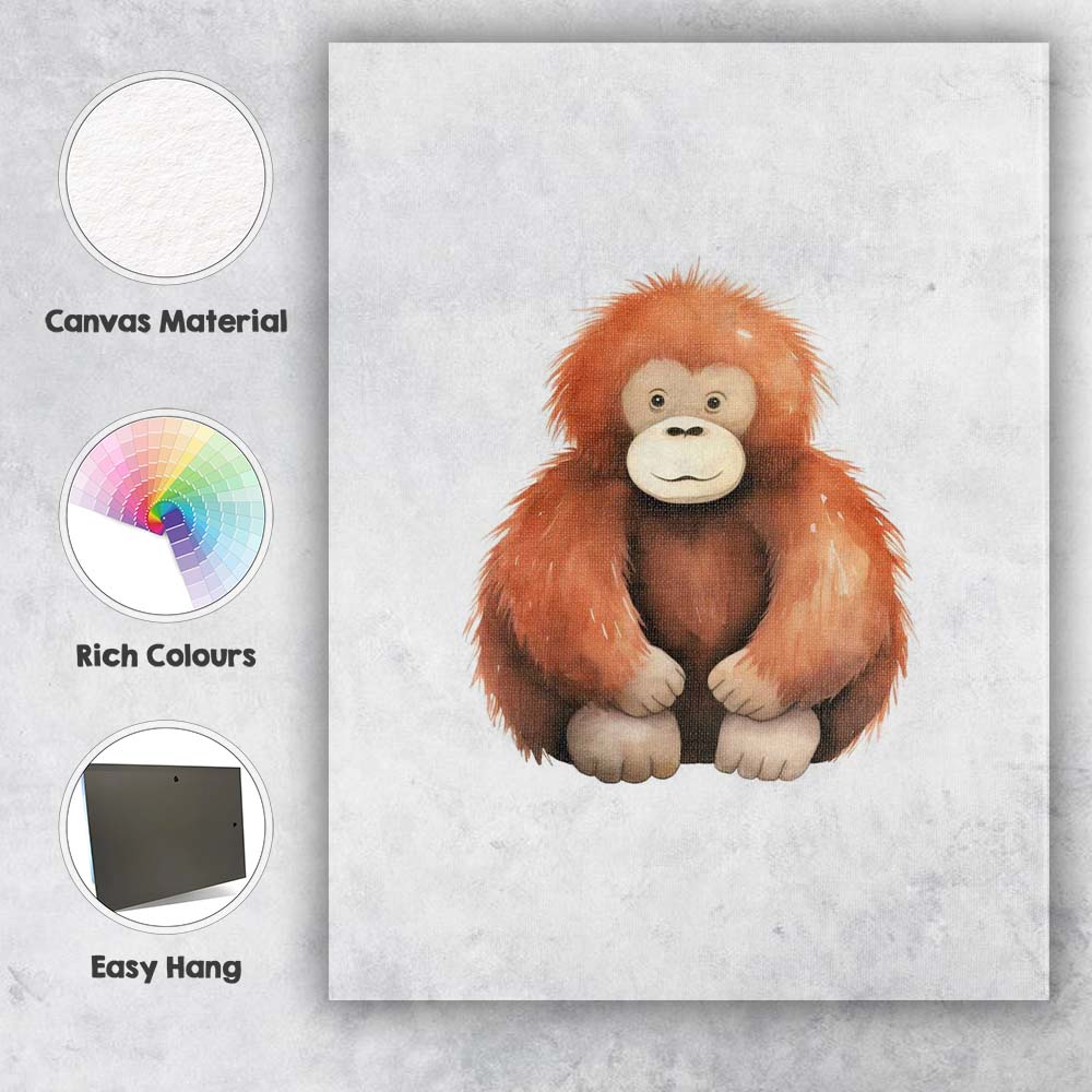Cute Baby Orangutan Watercolour Jungle Animal Illustration Canvas Wall Art Print Decor Picture Ready to Hang