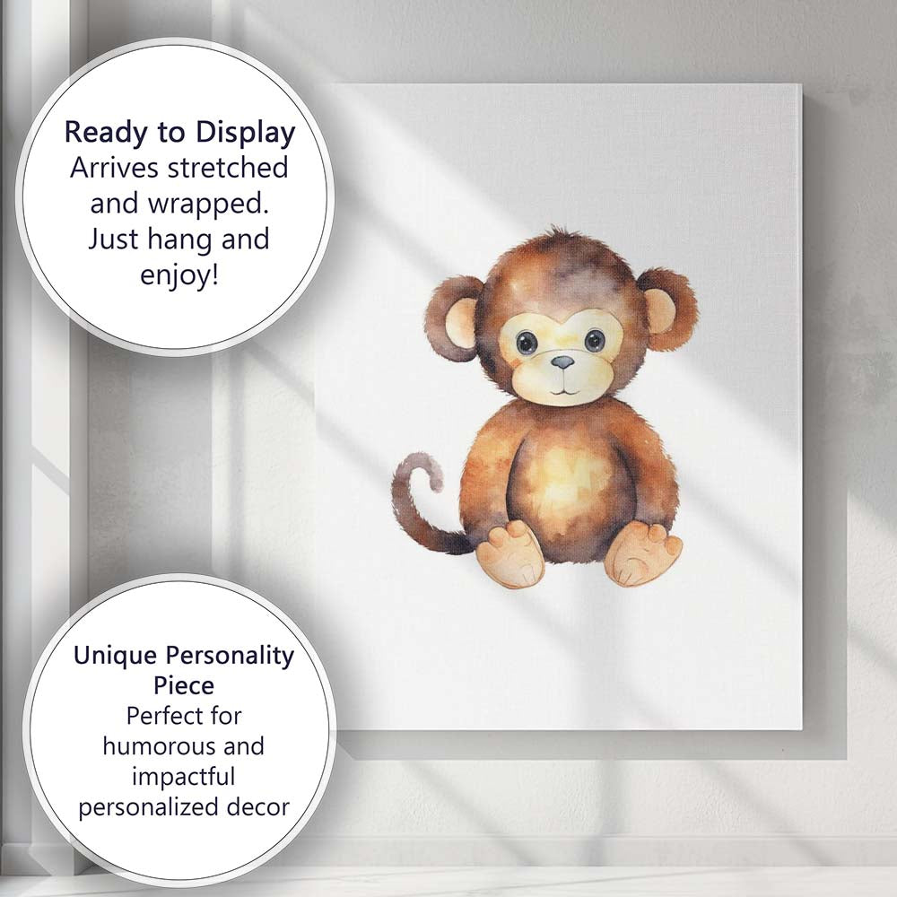 Cute Baby Monkey Watercolour Jungle Animal Illustration Canvas Wall Art Print Decor Picture Ready to Hang