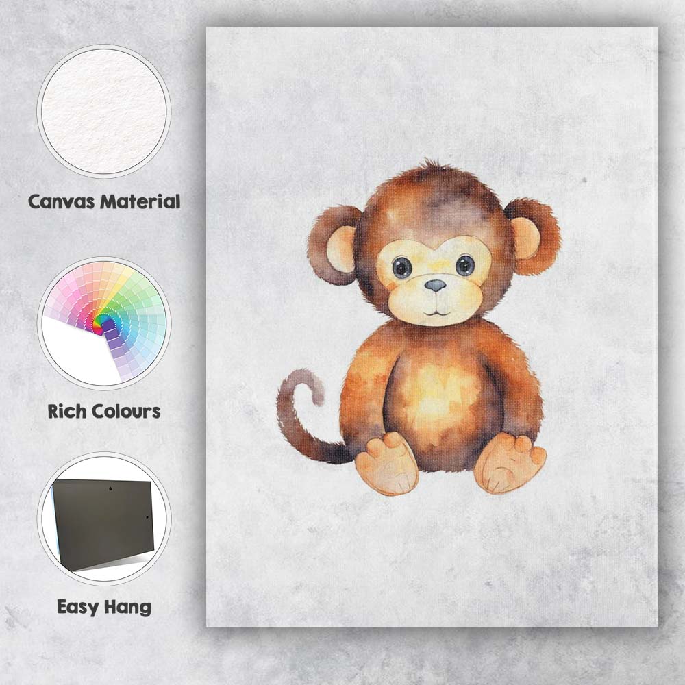 Cute Baby Monkey Watercolour Jungle Animal Illustration Canvas Wall Art Print Decor Picture Ready to Hang