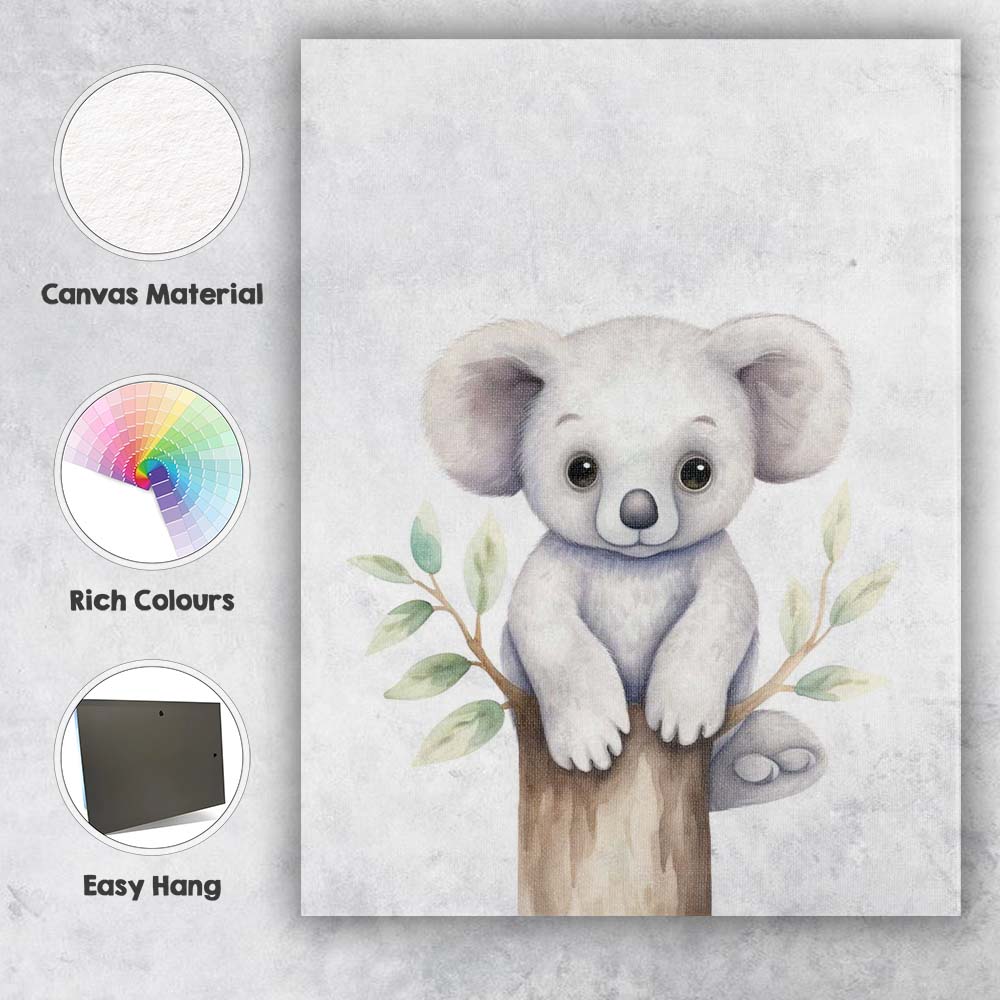 Cute Baby Koala Sitting on Tree Branch Watercolour Nursery Animal Illustration Canvas Wall Art Print Decor Picture Ready to Hang