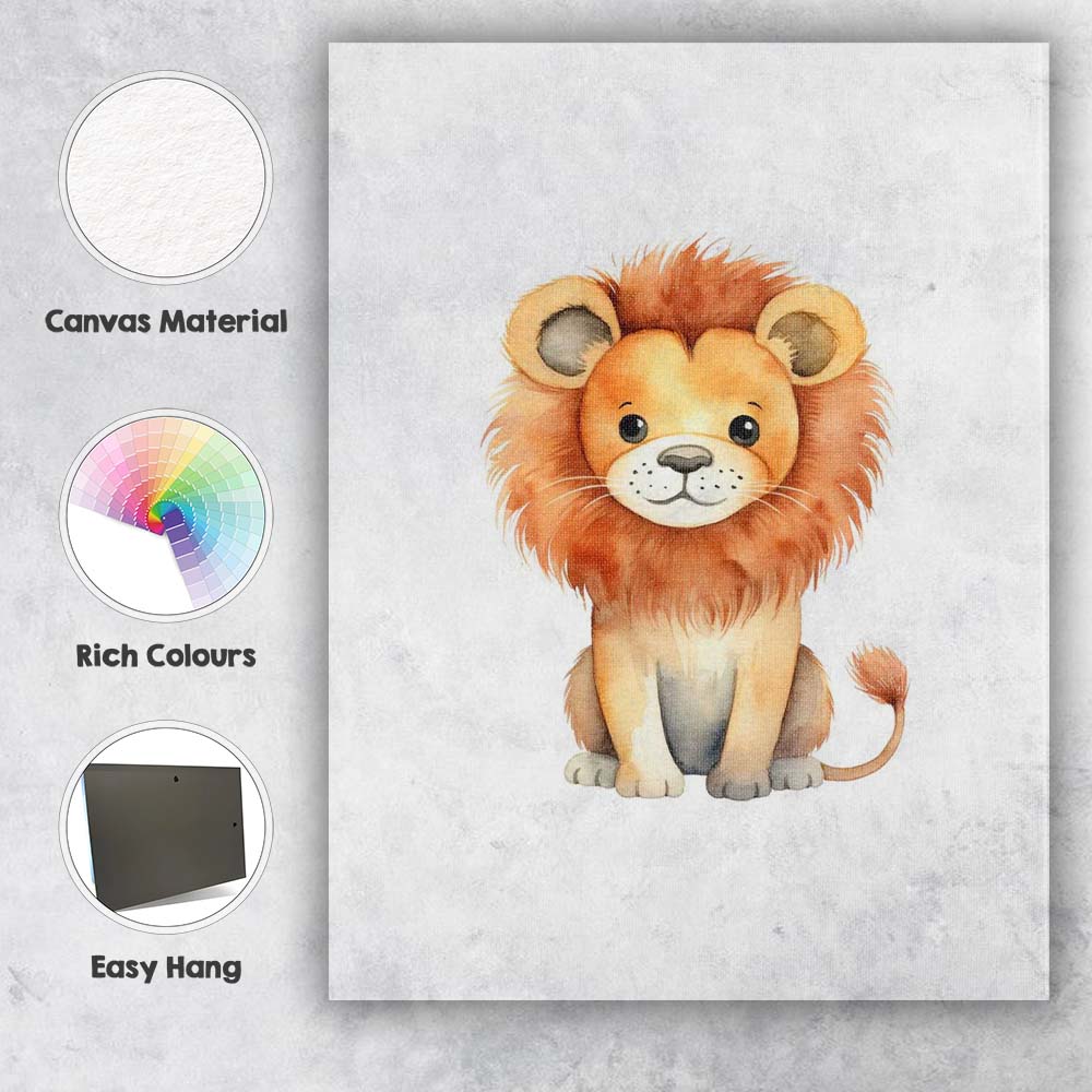 Cute Baby Lion Watercolour Safari Animal Illustration Canvas Wall Art Print Decor Picture Ready to Hang