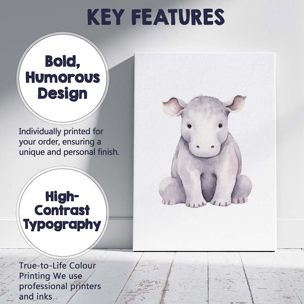 Cute Baby Hippopotamus Watercolour Safari Animal Illustration Canvas Wall Art Print Decor Picture Ready to Hang