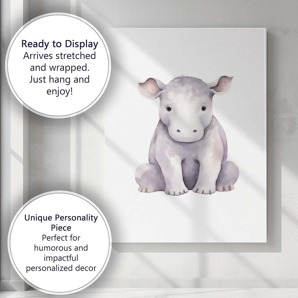 Cute Baby Hippopotamus Watercolour Safari Animal Illustration Canvas Wall Art Print Decor Picture Ready to Hang