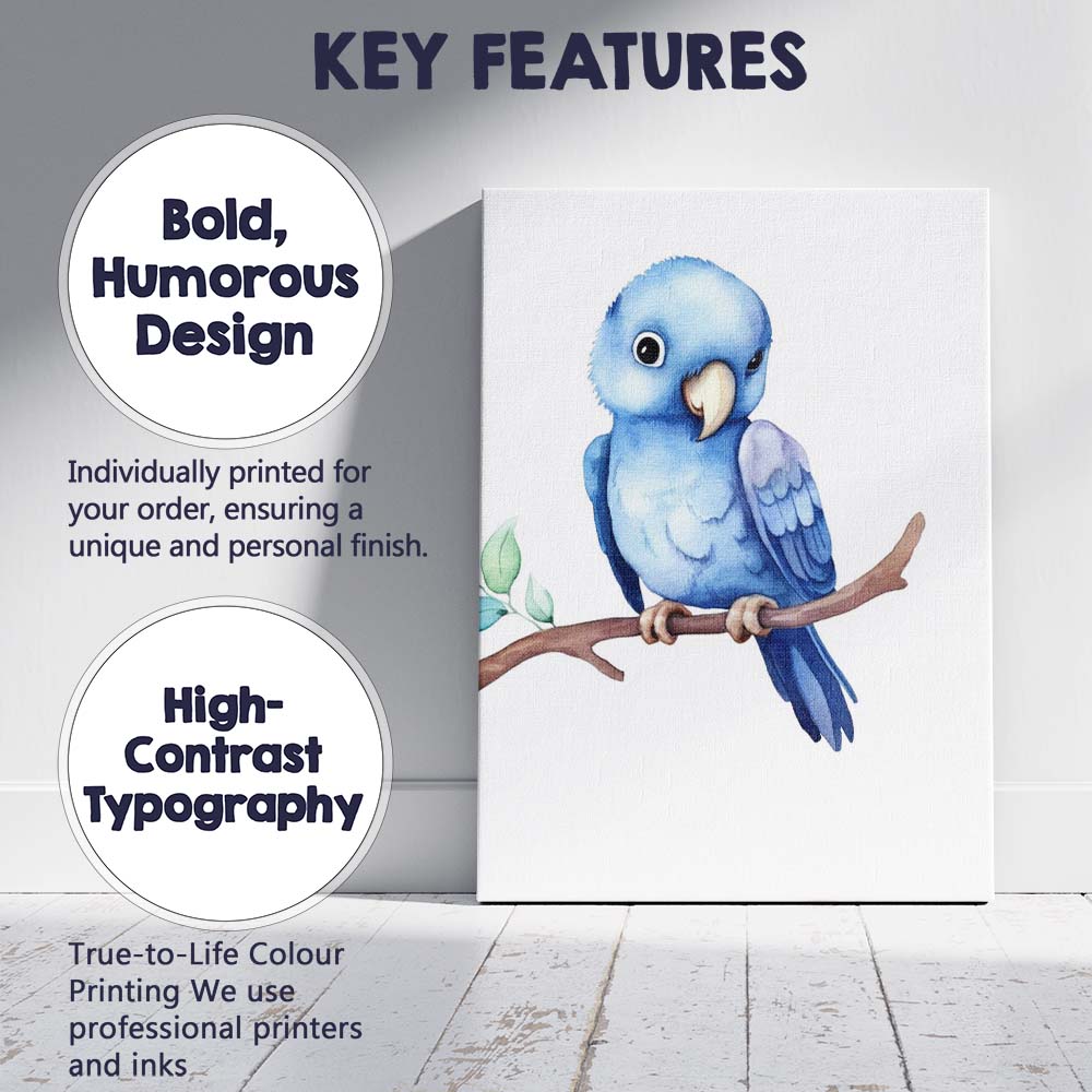 Cute Blue Lovebird Perched on Branch Watercolour Bird Illustration Canvas Wall Art Print Decor Picture Ready to Hang
