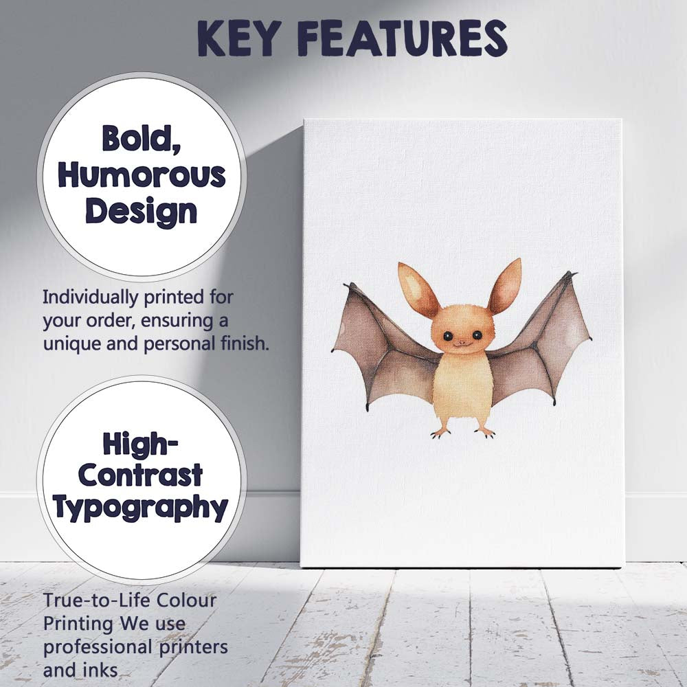 Cute Baby Bat Watercolour Woodland Animal Illustration Canvas Wall Art Print Decor Picture Ready to Hang