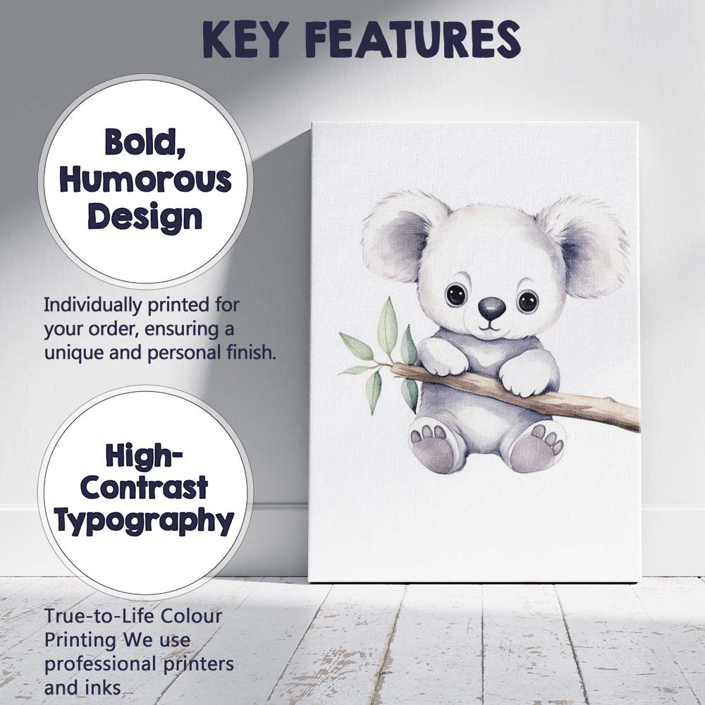 Cute Baby Koala Sitting on Eucalyptus Branch Watercolour Nursery Animal Illustration Canvas Wall Art Print Decor Picture Ready to Hang