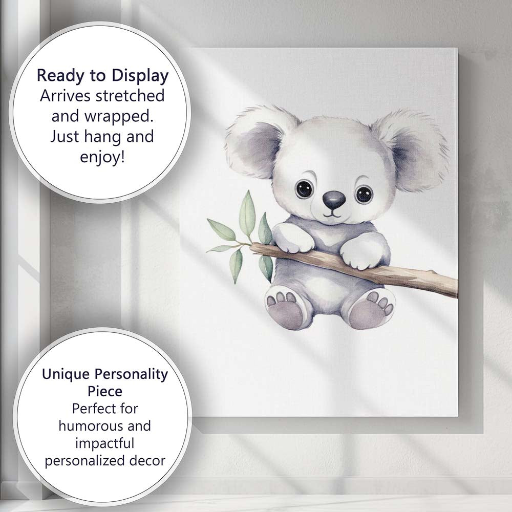 Cute Baby Koala Sitting on Eucalyptus Branch Watercolour Nursery Animal Illustration Canvas Wall Art Print Decor Picture Ready to Hang