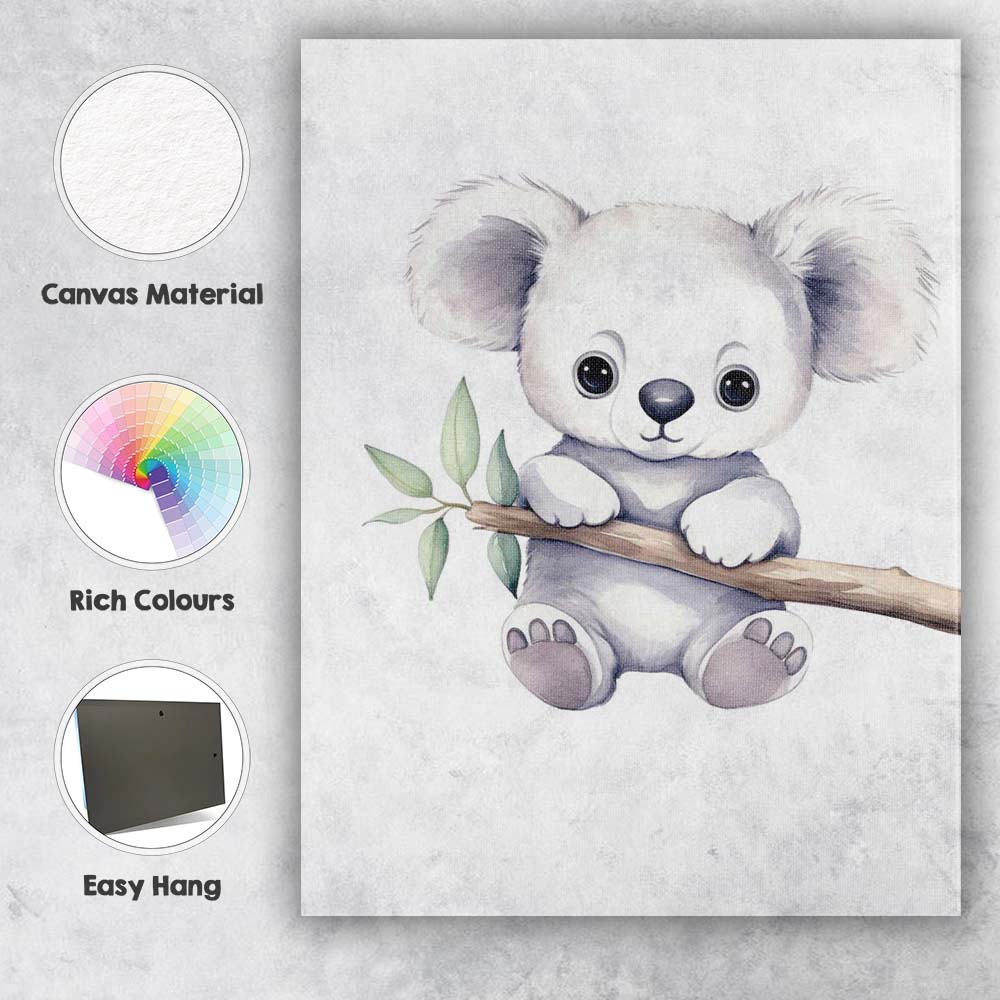 Cute Baby Koala Sitting on Eucalyptus Branch Watercolour Nursery Animal Illustration Canvas Wall Art Print Decor Picture Ready to Hang
