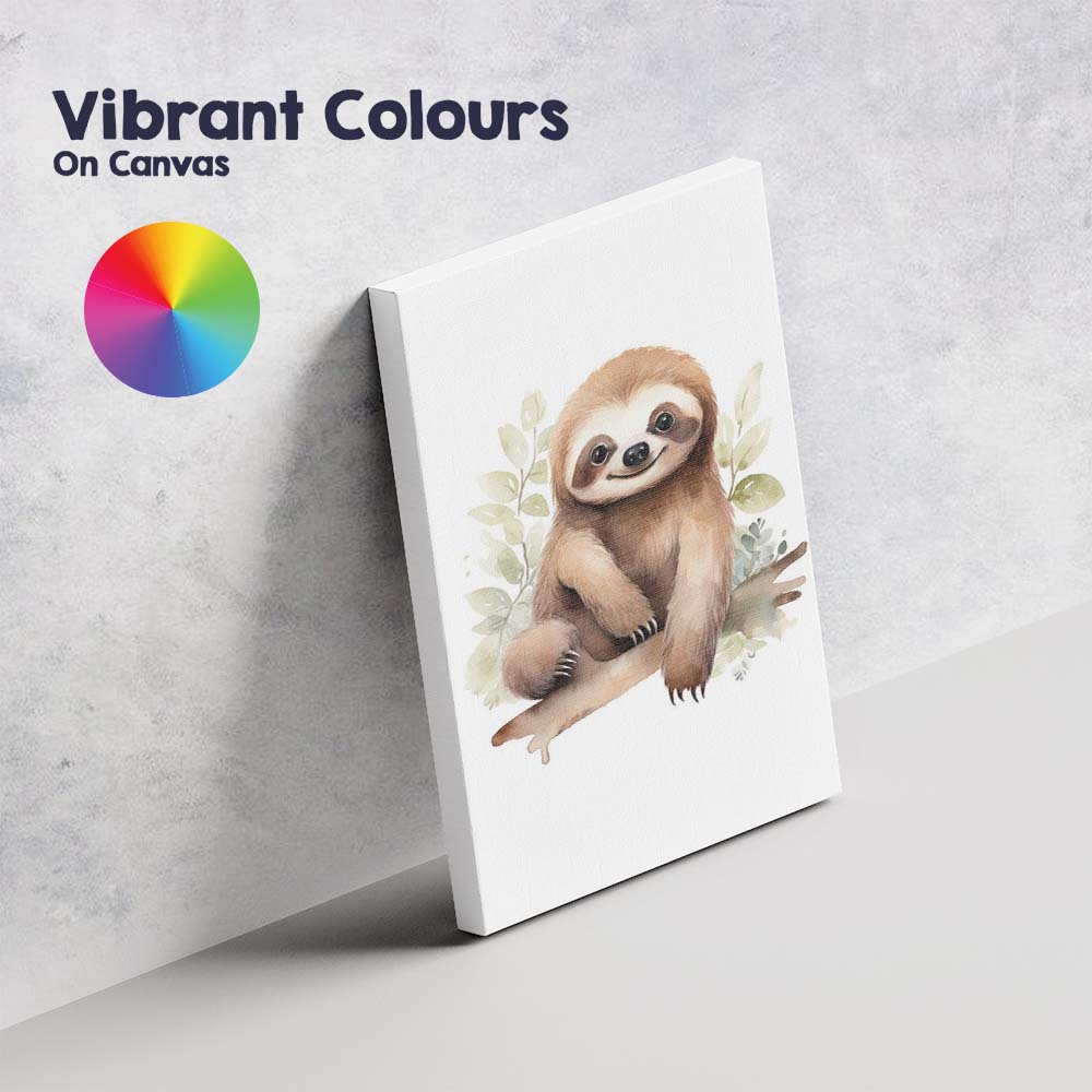 Cute Smiling Sloth Sitting on Tree Branch Watercolour Jungle Animal Illustration Canvas Wall Art Print Decor Picture Ready to Hang