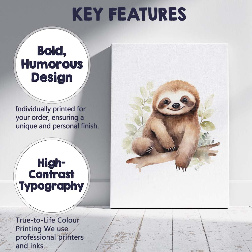 Cute Smiling Sloth Sitting on Tree Branch Watercolour Jungle Animal Illustration Canvas Wall Art Print Decor Picture Ready to Hang
