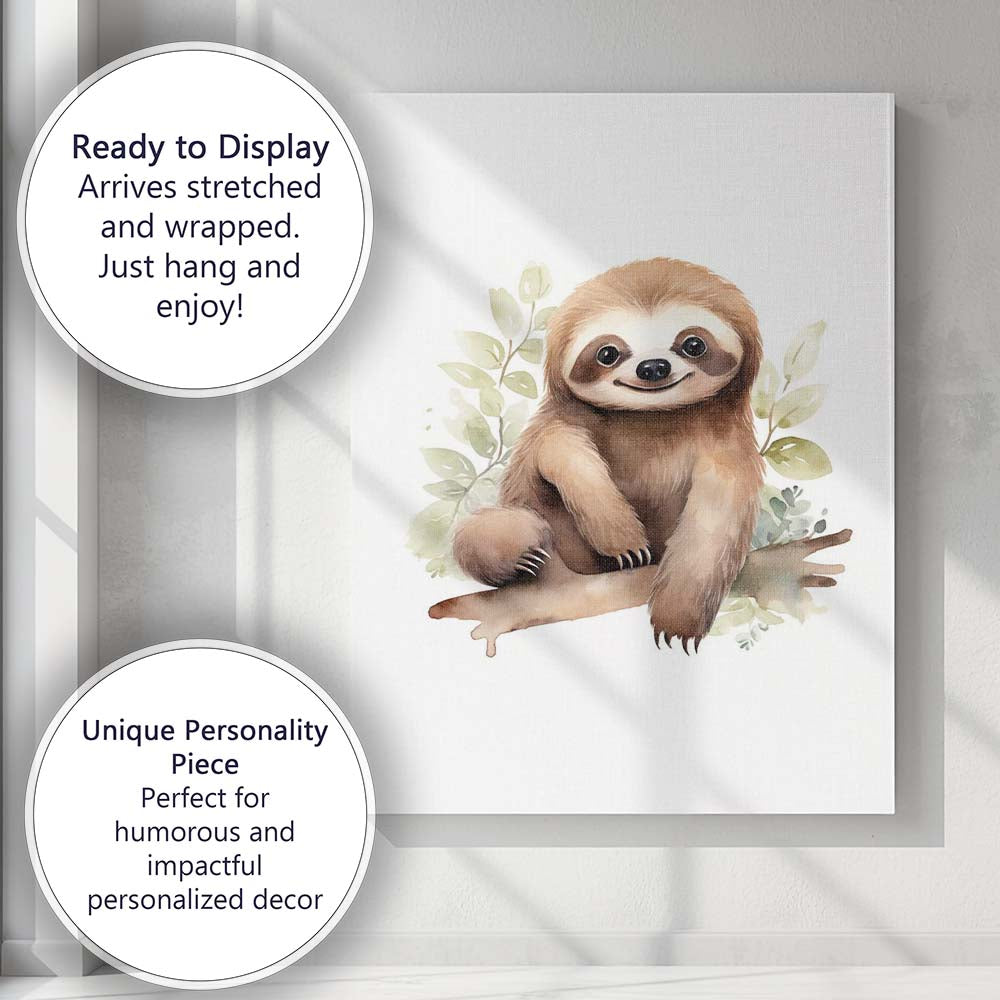 Cute Smiling Sloth Sitting on Tree Branch Watercolour Jungle Animal Illustration Canvas Wall Art Print Decor Picture Ready to Hang