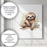 Cute Smiling Sloth Sitting on Tree Branch Watercolour Jungle Animal Illustration Canvas Wall Art Print Decor Picture Ready to Hang