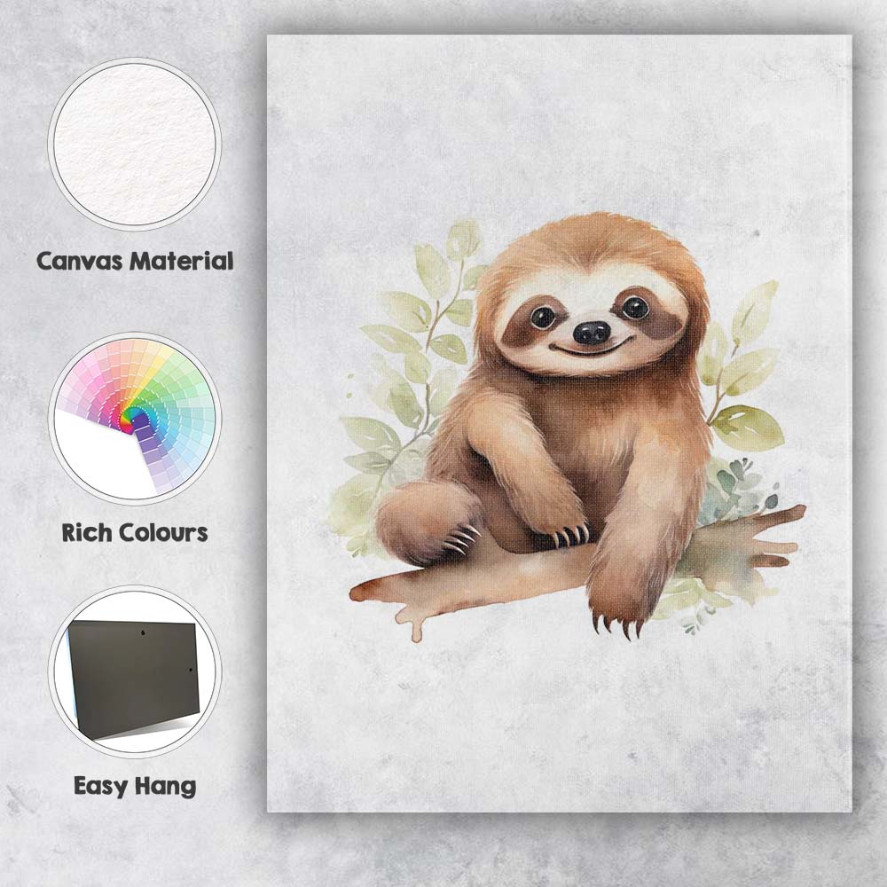 Cute Smiling Sloth Sitting on Tree Branch Watercolour Jungle Animal Illustration Canvas Wall Art Print Decor Picture Ready to Hang