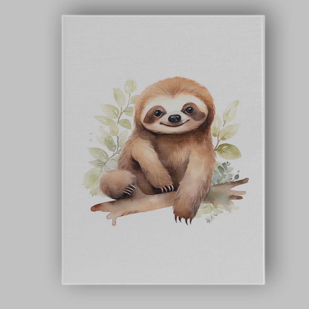 Cute Smiling Sloth Sitting on Tree Branch Watercolour Jungle Animal Illustration Canvas Wall Art Print Decor Picture Ready to Hang