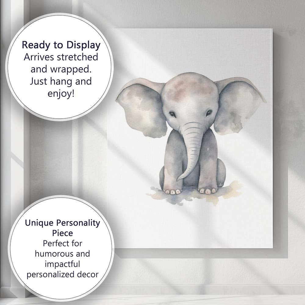 Cute Baby Elephant Watercolour Nursery Safari Animal Illustration Canvas Wall Art Print Decor Picture Ready to Hang
