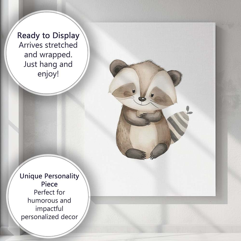 Cute Baby Raccoon Watercolour Woodland Animal Illustration Canvas Wall Art Print Decor Picture Ready to Hang