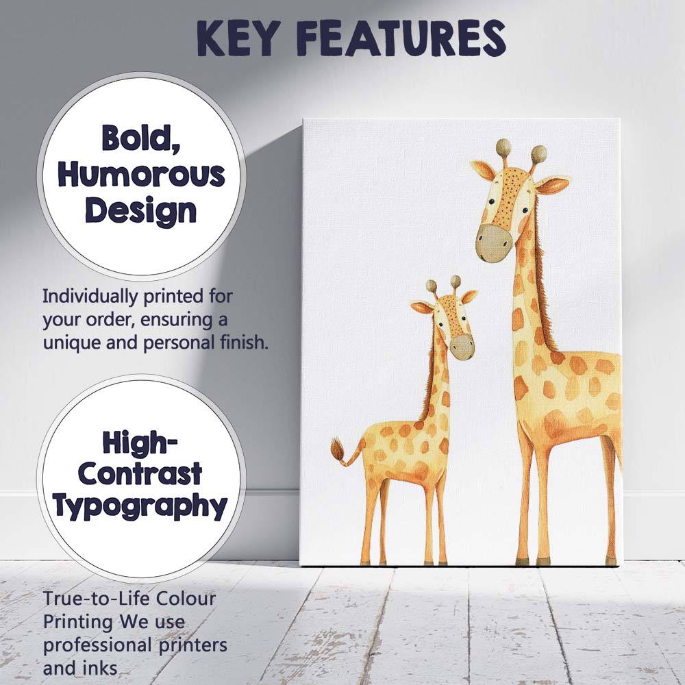 Cute Giraffe Mother and Baby Watercolour Safari Animal Illustration Canvas Wall Art Print Decor Picture Ready to Hang