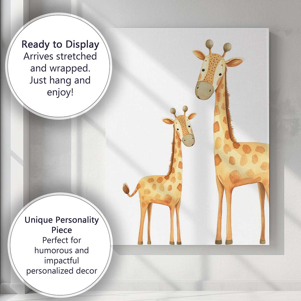 Cute Giraffe Mother and Baby Watercolour Safari Animal Illustration Canvas Wall Art Print Decor Picture Ready to Hang
