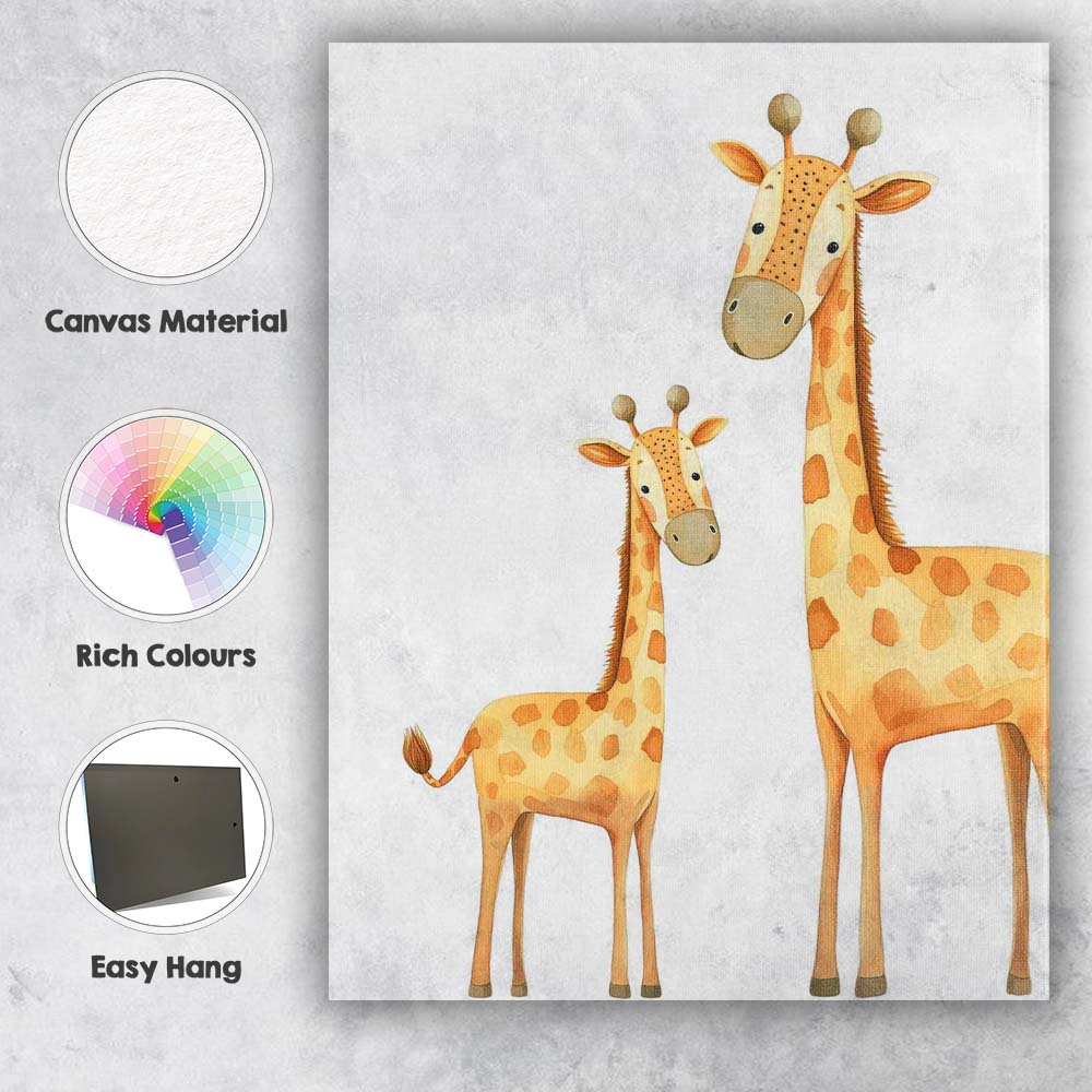 Cute Giraffe Mother and Baby Watercolour Safari Animal Illustration Canvas Wall Art Print Decor Picture Ready to Hang