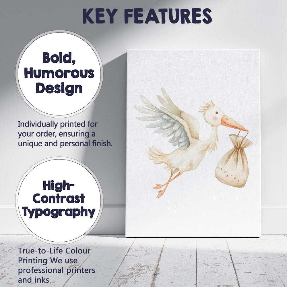 Cute Flying Stork Carrying Baby Bundle Watercolour Nursery Animal Canvas Wall Art Print Decor Picture Ready to Hang
