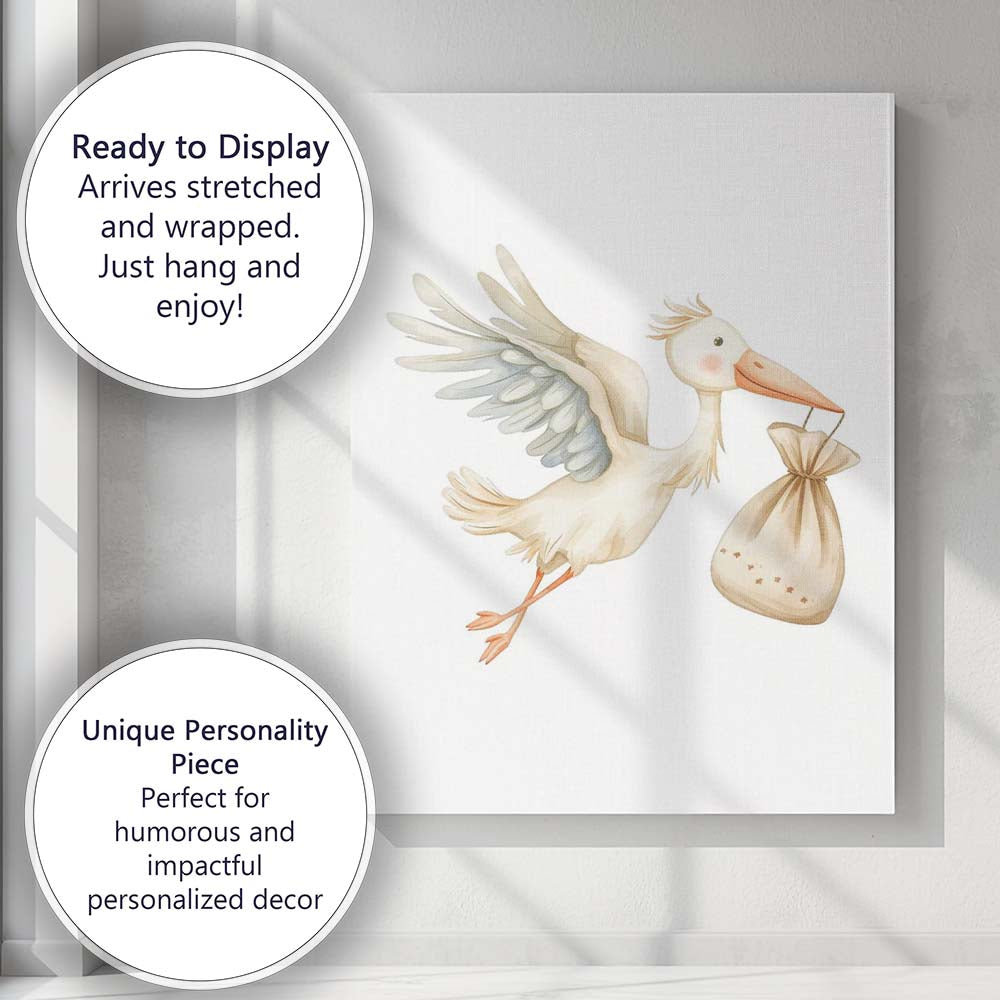 Cute Flying Stork Carrying Baby Bundle Watercolour Nursery Animal Canvas Wall Art Print Decor Picture Ready to Hang