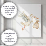 Cute Flying Stork Carrying Baby Bundle Watercolour Nursery Animal Canvas Wall Art Print Decor Picture Ready to Hang
