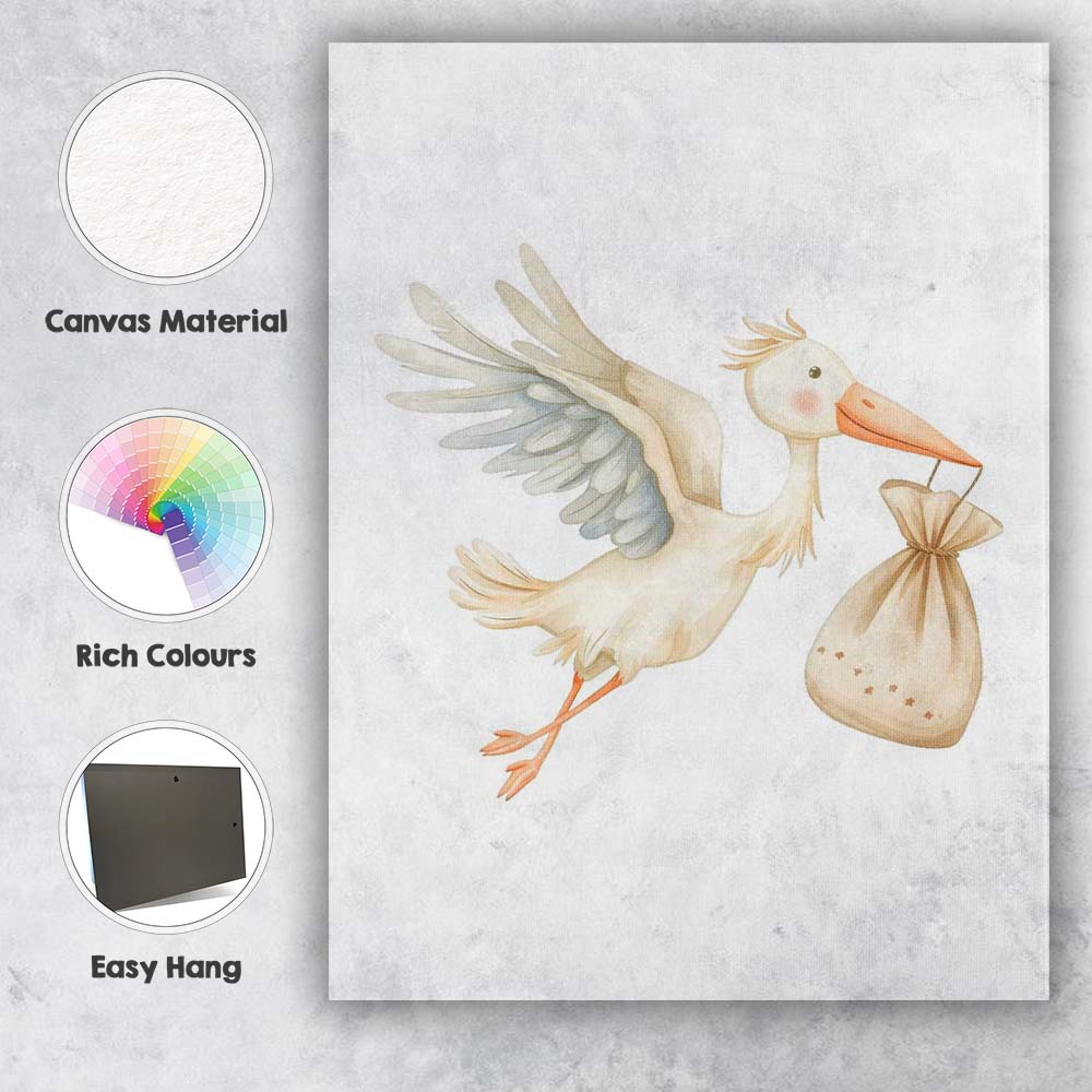 Cute Flying Stork Carrying Baby Bundle Watercolour Nursery Animal Canvas Wall Art Print Decor Picture Ready to Hang