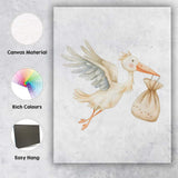 Cute Flying Stork Carrying Baby Bundle Watercolour Nursery Animal Canvas Wall Art Print Decor Picture Ready to Hang