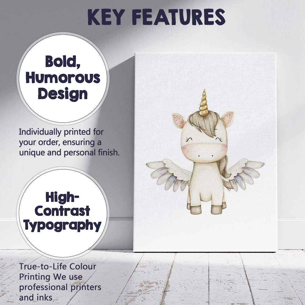 Cute Winged Unicorn Watercolour Fantasy Nursery Animal Canvas Wall Art Print Decor Picture Ready to Hang