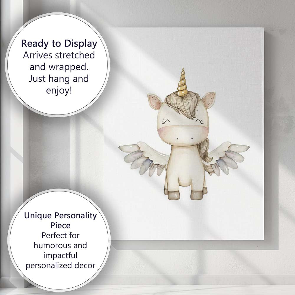 Cute Winged Unicorn Watercolour Fantasy Nursery Animal Canvas Wall Art Print Decor Picture Ready to Hang