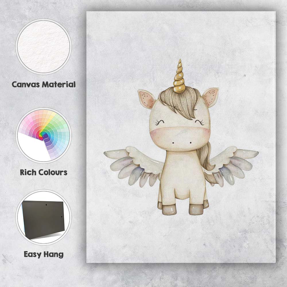 Cute Winged Unicorn Watercolour Fantasy Nursery Animal Canvas Wall Art Print Decor Picture Ready to Hang