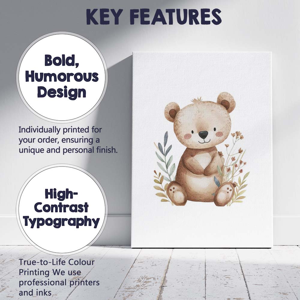 Cute Teddy Bear With Wildflowers Watercolour Nursery Animal Illustration Canvas Wall Art Print Decor Picture Ready to Hang