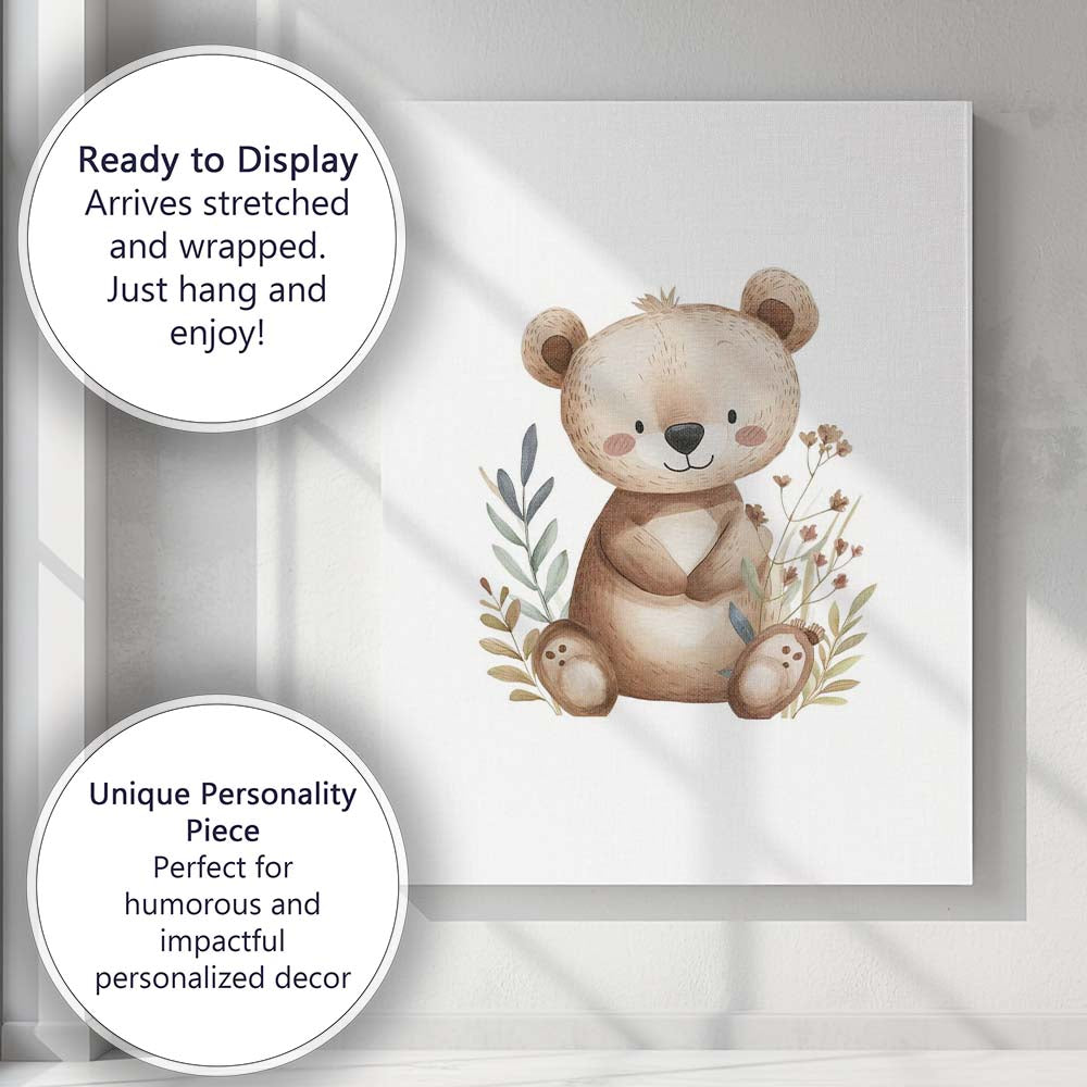 Cute Teddy Bear With Wildflowers Watercolour Nursery Animal Illustration Canvas Wall Art Print Decor Picture Ready to Hang