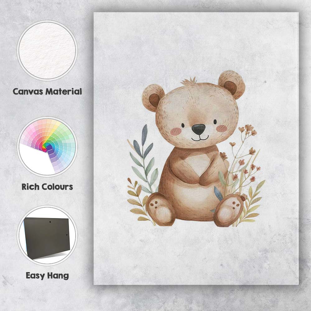 Cute Teddy Bear With Wildflowers Watercolour Nursery Animal Illustration Canvas Wall Art Print Decor Picture Ready to Hang