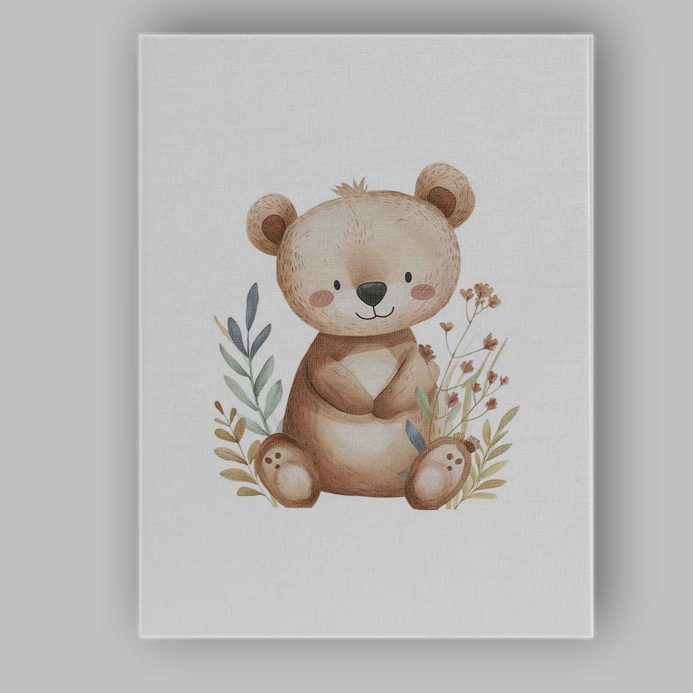 Cute Teddy Bear With Wildflowers Watercolour Nursery Animal Illustration Canvas Wall Art Print Decor Picture Ready to Hang